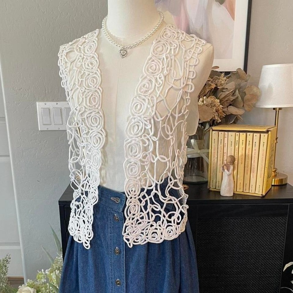 Ravel Soutache Vest Women 6 White Good Fairycore Coquette Swirl Open Front Ramie